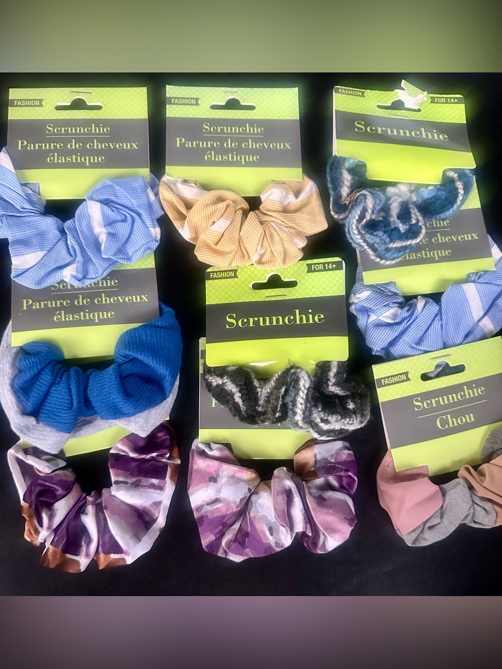 Hair Tie Set - Assorted Blue, Yellow, Purple, Black (9 pcs)